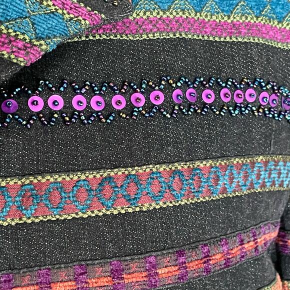 Coldwater Creek Open Front Cotton Blazer Geometric Stripes Beads Sequins Sz 12 - Picture 7 of 11